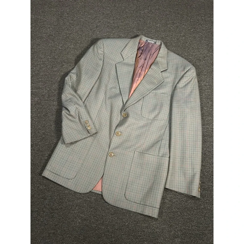 Corneliani Blazer Jacket Men's 43R Beige Green Gingham Check Wool Old Money